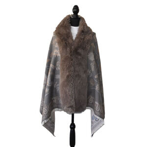 B0 NEW LA FIORENTINA Printed Grey/Brown Dyed Faux Fur Trimmed Shawl Wrap